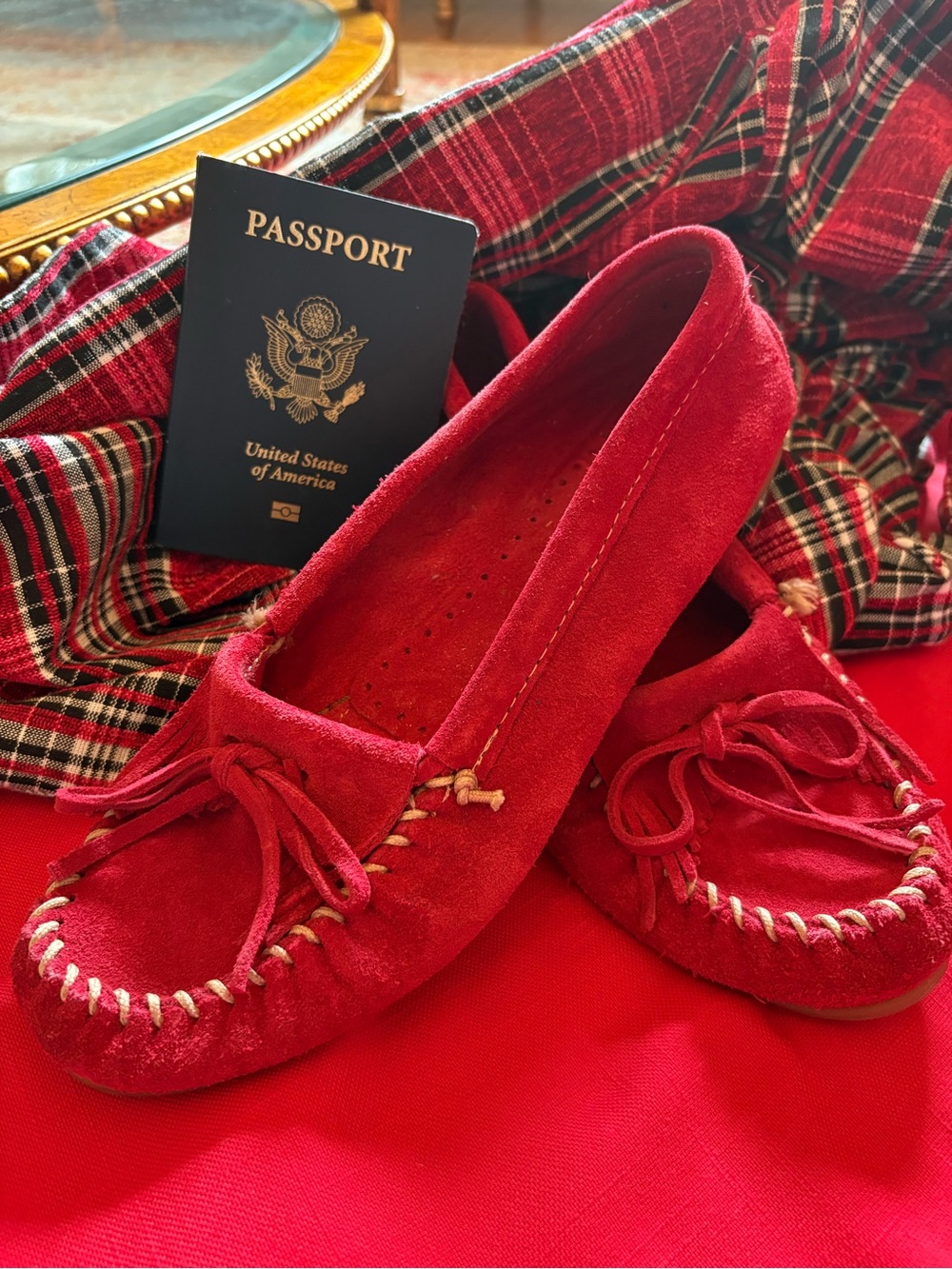 Minnetonka Red Suede Moccasins with Fringe and Bow
